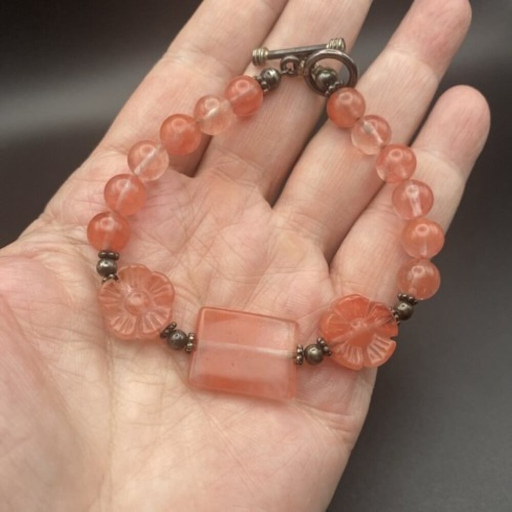 Strawberry Pink Quartz Bracelet Glass Flower Bead Sterling Silver Toggle 8" Boho - Picture 8 of 9